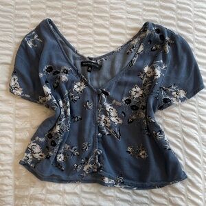 Kendall and Kylie Blue Button-Up Floral Blouse